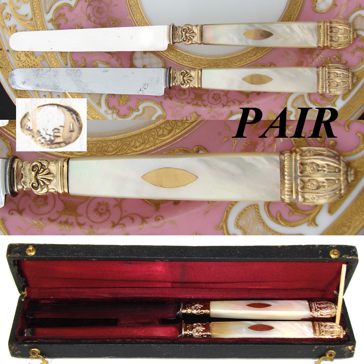 Antique French Sterling Silver on 18K Gold "Vermeil" & Pearl Fruit & Cheese 2pc Knife Set