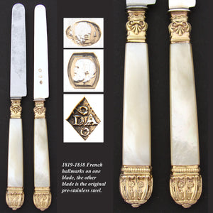 Antique French Sterling Silver on 18K Gold "Vermeil" & Pearl Fruit & Cheese 2pc Knife Set