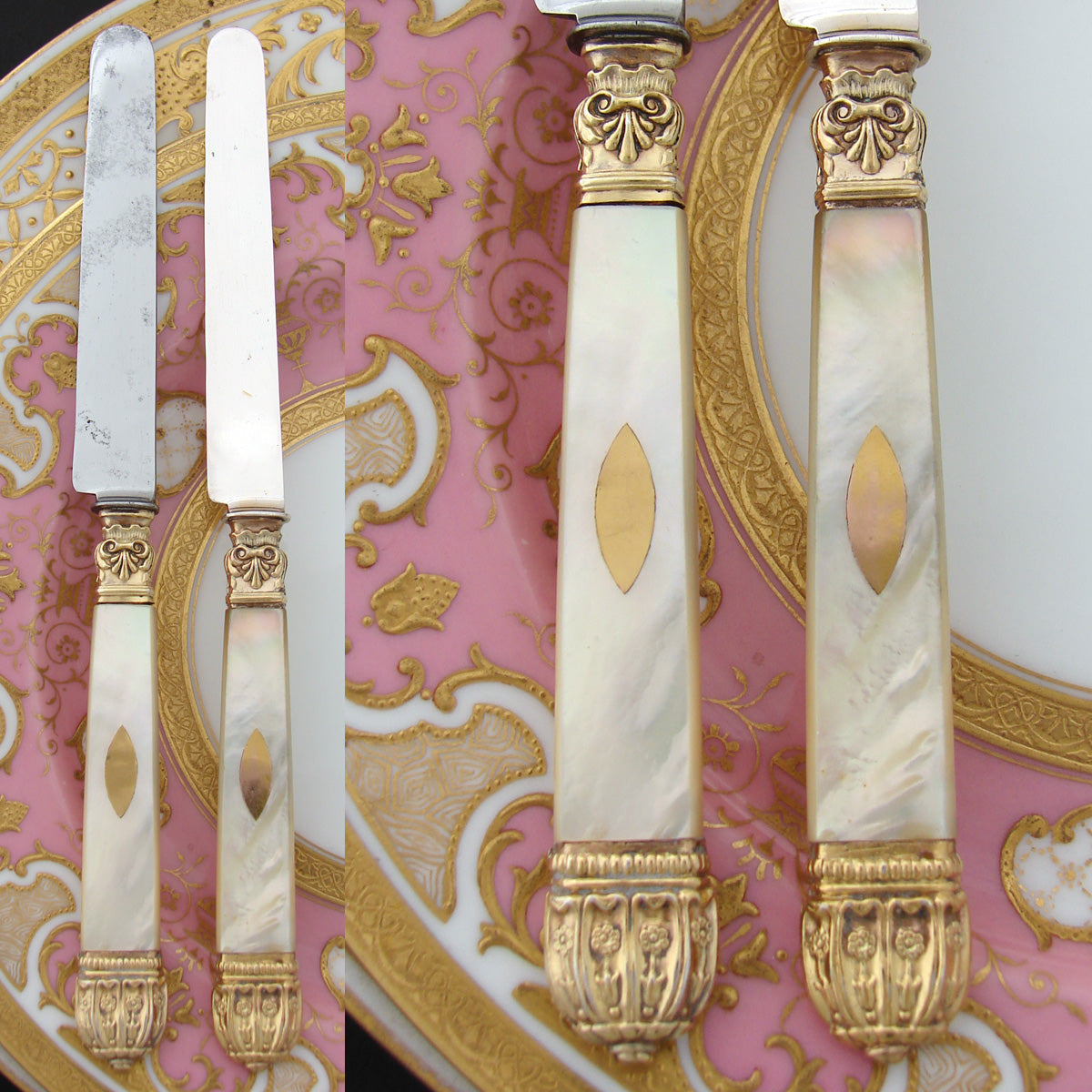 Antique French Sterling Silver on 18K Gold "Vermeil" & Pearl Fruit & Cheese 2pc Knife Set