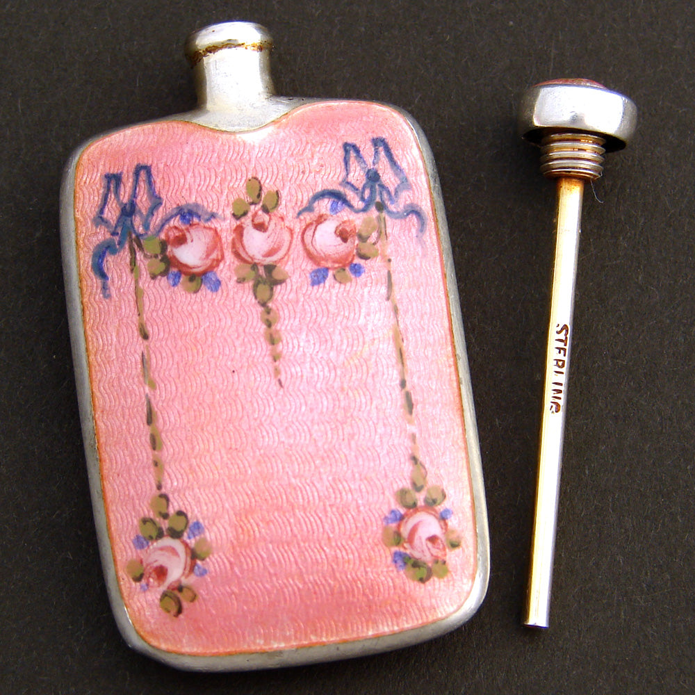 Lovely Antique to Vintage Sterling Silver & Guilloche Enamel Perfume or Scent Bottle