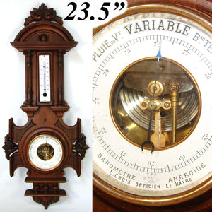 Antique French Victorian Era Hand Carved 23.5" Wall Barometer & Thermometer