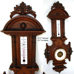 Antique French Victorian Era Hand Carved 23.5" Wall Barometer & Thermometer