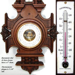 Antique French Victorian Era Hand Carved 23.5" Wall Barometer & Thermometer