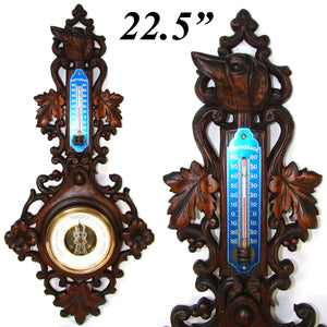 Antique Victorian Era Black Forest Style 22.5" Wall Barometer & Thermometer
