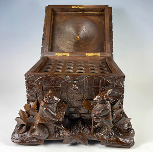 Antique Swiss Black Forest HC Figural House Cigar Caddy, Box, Chest, Presentation, Fox and Hare