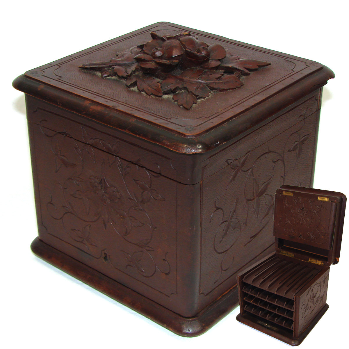 Fine Antique Victorian to Edwardian Era Black Forest Carved Cigar Presenter, Box, Not Humidor