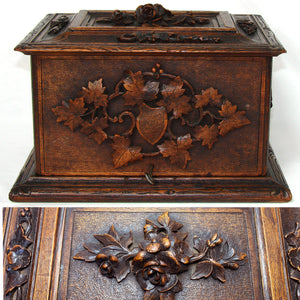 Antique HC Swiss Black Forest Cigar Cabinet, Chest, Server: Ornate Floral & Foliate Decoration