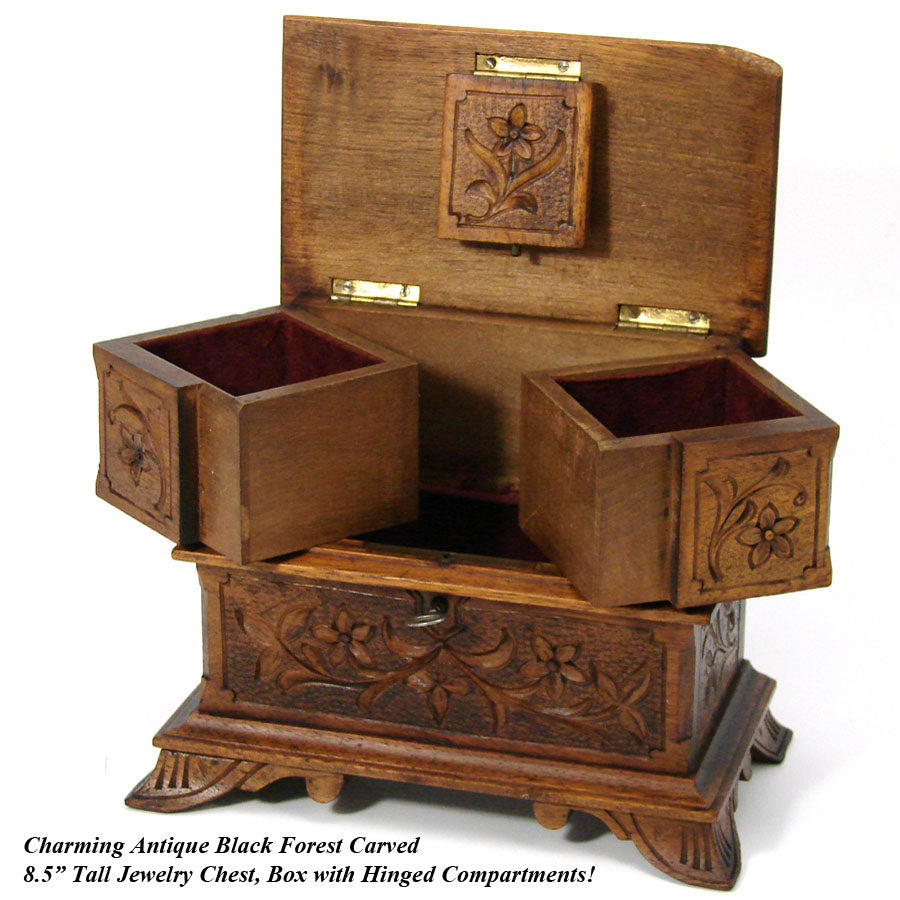 Charming Antique Black Forest Carved 8.5" Tall Jewelry Chest, Box, Hinged Compartments