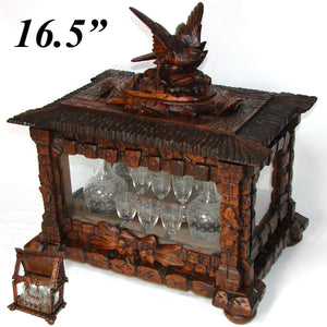 Antique Black Forest 15.5" Liquor Tantalus, Cave a Liqueur, Hunt Theme with Bird of Prey