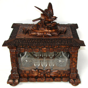 Antique Black Forest 15.5" Liquor Tantalus, Cave a Liqueur, Hunt Theme with Bird of Prey