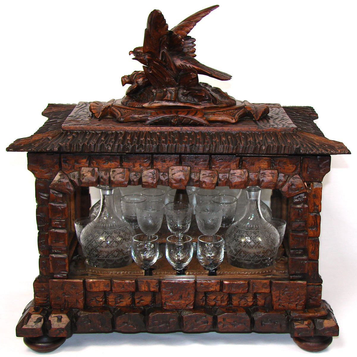 Antique Black Forest 15.5" Liquor Tantalus, Cave a Liqueur, Hunt Theme with Bird of Prey