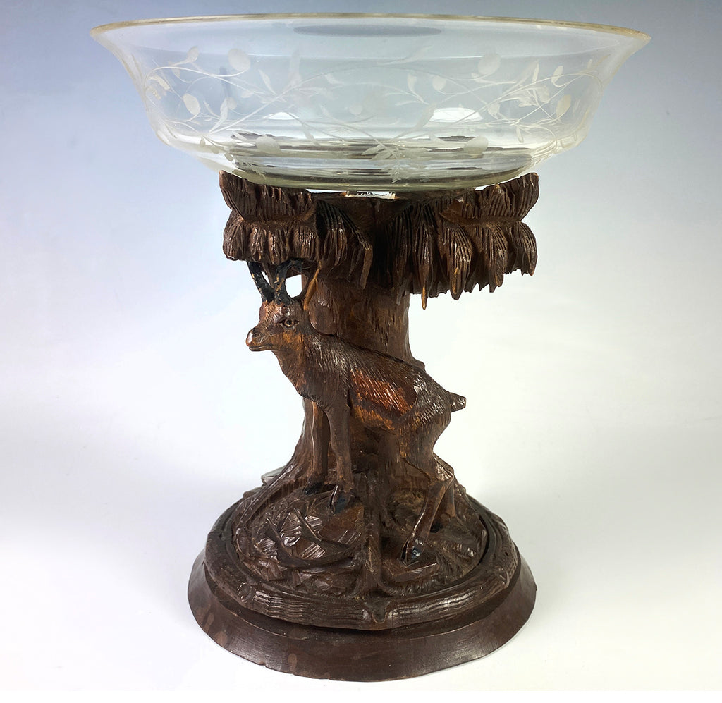 Antique Hand Carved Swiss Black Forest Stand Chamois withEngraved Glass Bowl, Tazza