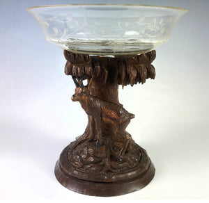 Antique Hand Carved Swiss Black Forest Stand Chamois withEngraved Glass Bowl, Tazza