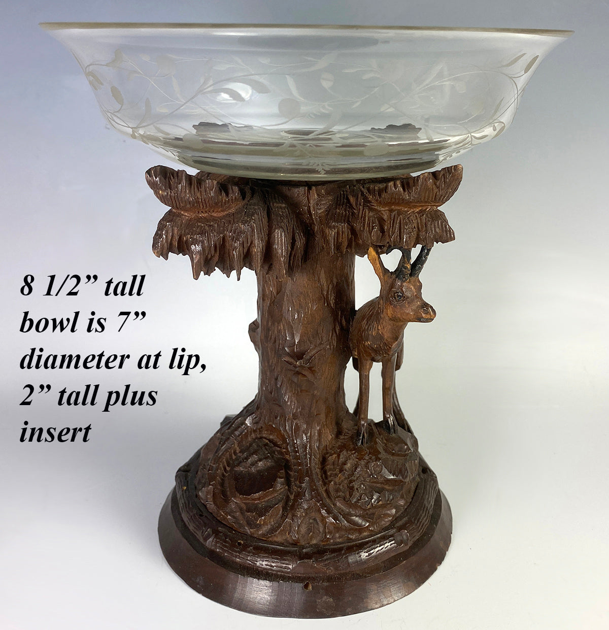 Antique Hand Carved Swiss Black Forest Stand Chamois withEngraved Glass Bowl, Tazza