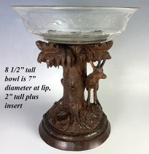 Antique Hand Carved Swiss Black Forest Stand Chamois withEngraved Glass Bowl, Tazza