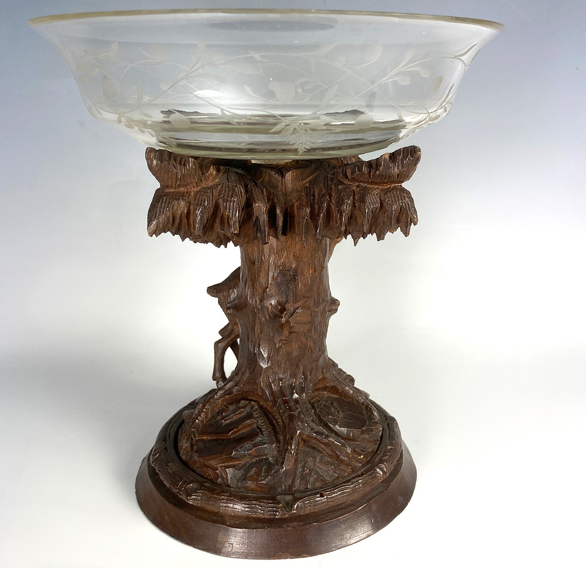 Antique Hand Carved Swiss Black Forest Stand Chamois withEngraved Glass Bowl, Tazza