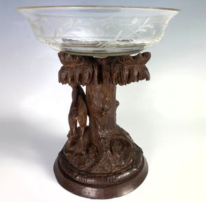 Antique Hand Carved Swiss Black Forest Stand Chamois withEngraved Glass Bowl, Tazza