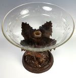 Antique Hand Carved Swiss Black Forest Stand Chamois withEngraved Glass Bowl, Tazza