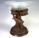 Antique Hand Carved Swiss Black Forest Stand Chamois withEngraved Glass Bowl, Tazza