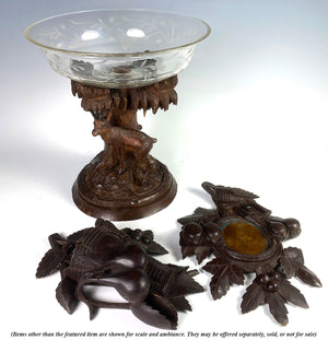 Antique Hand Carved Swiss Black Forest Stand Chamois withEngraved Glass Bowl, Tazza