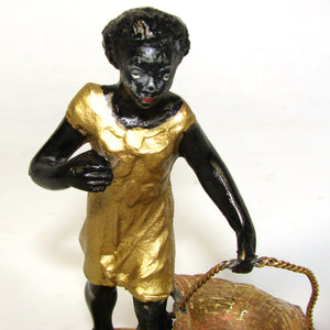 Antique French Napoleon III Era 4.75" Tall Blackamoor Figure, Sculpture, Woman with Basket