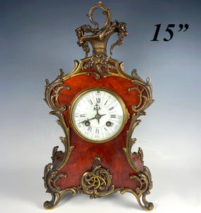 Fine Antique French 15" Tall Mantel Clock, Tortoise Shell & Bronze, Enamel Dial, Face, Louis XV