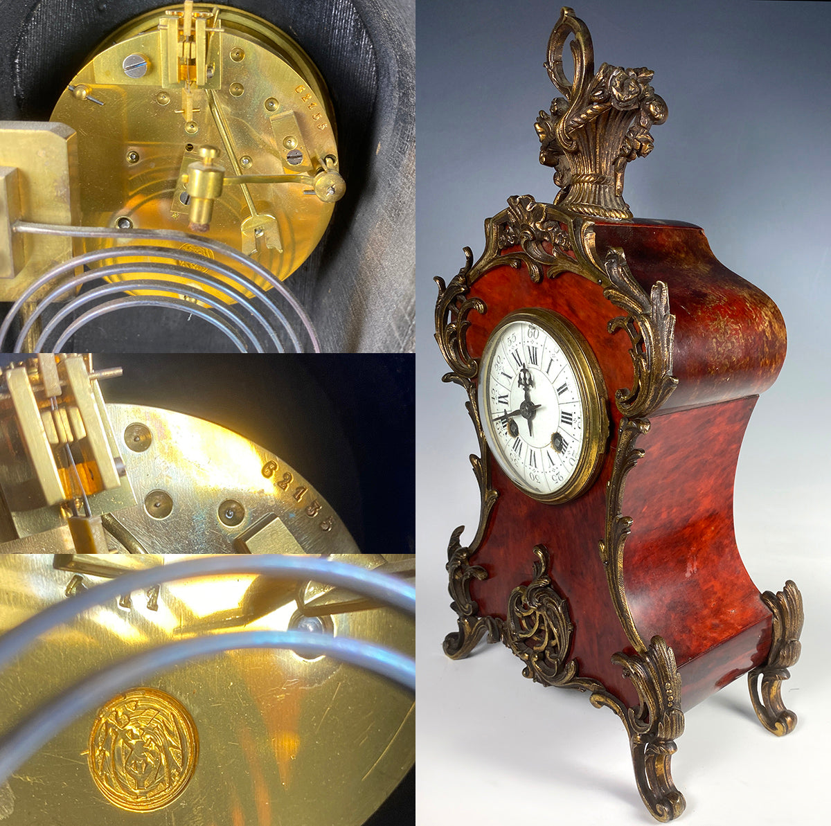 Fine Antique French 15" Tall Mantel Clock, Tortoise Shell & Bronze, Enamel Dial, Face, Louis XV