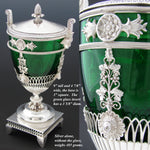 Antique French 1798-1809 Hallmarked Sterling Silver & Green Glass Confiturier or Drageoir, Figural Lions +