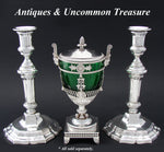 Antique French 1798-1809 Hallmarked Sterling Silver & Green Glass Confiturier or Drageoir, Figural Lions +