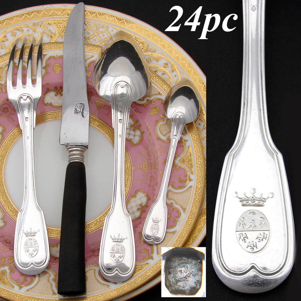 Elegant Antique French Sterling Silver 24pc Flatware Set, Armorial Style Heraldry with Royal Crowns