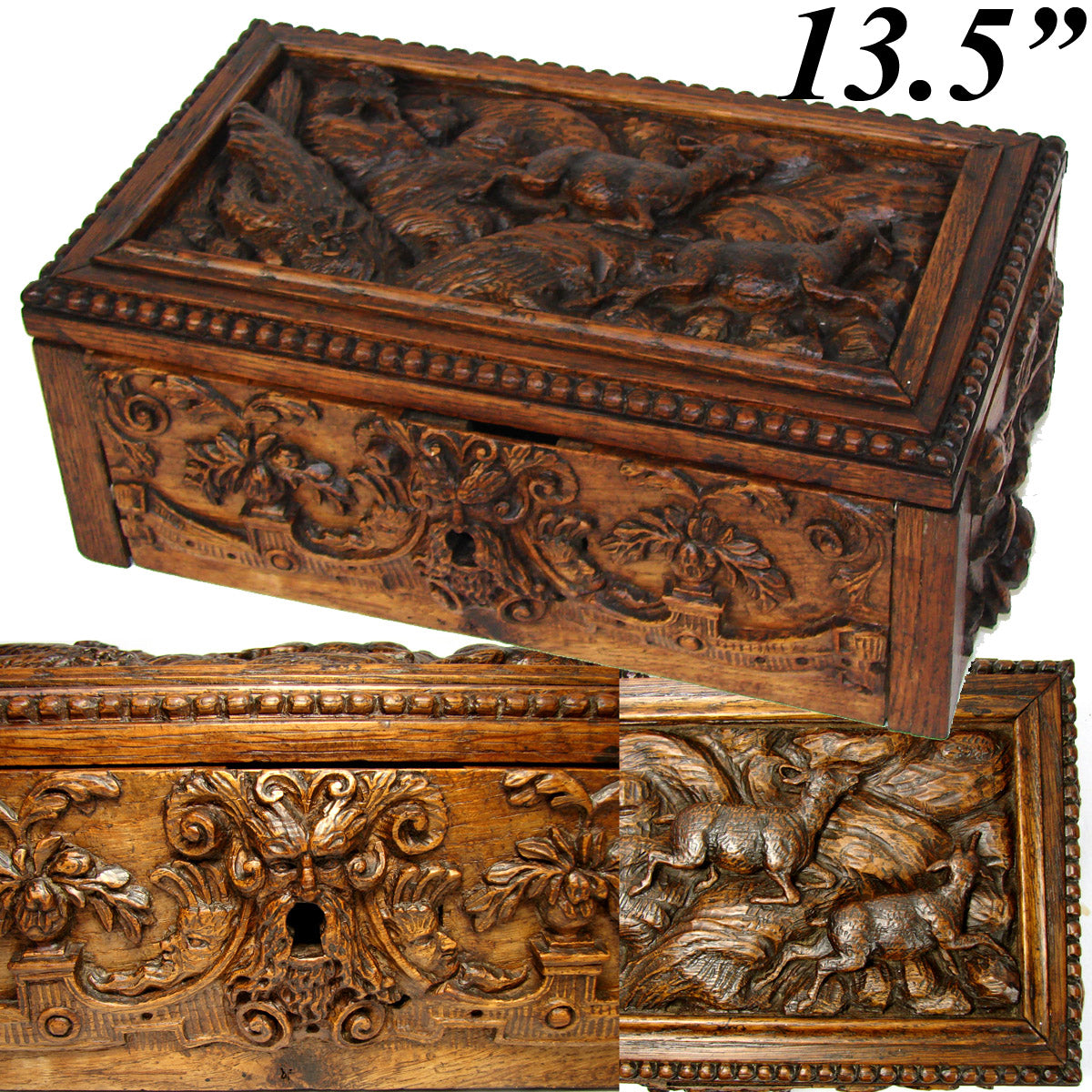 Ornate Antique Victorian Era Hand Carved Oak 13.5" Table or Work Box, Black Forest Style