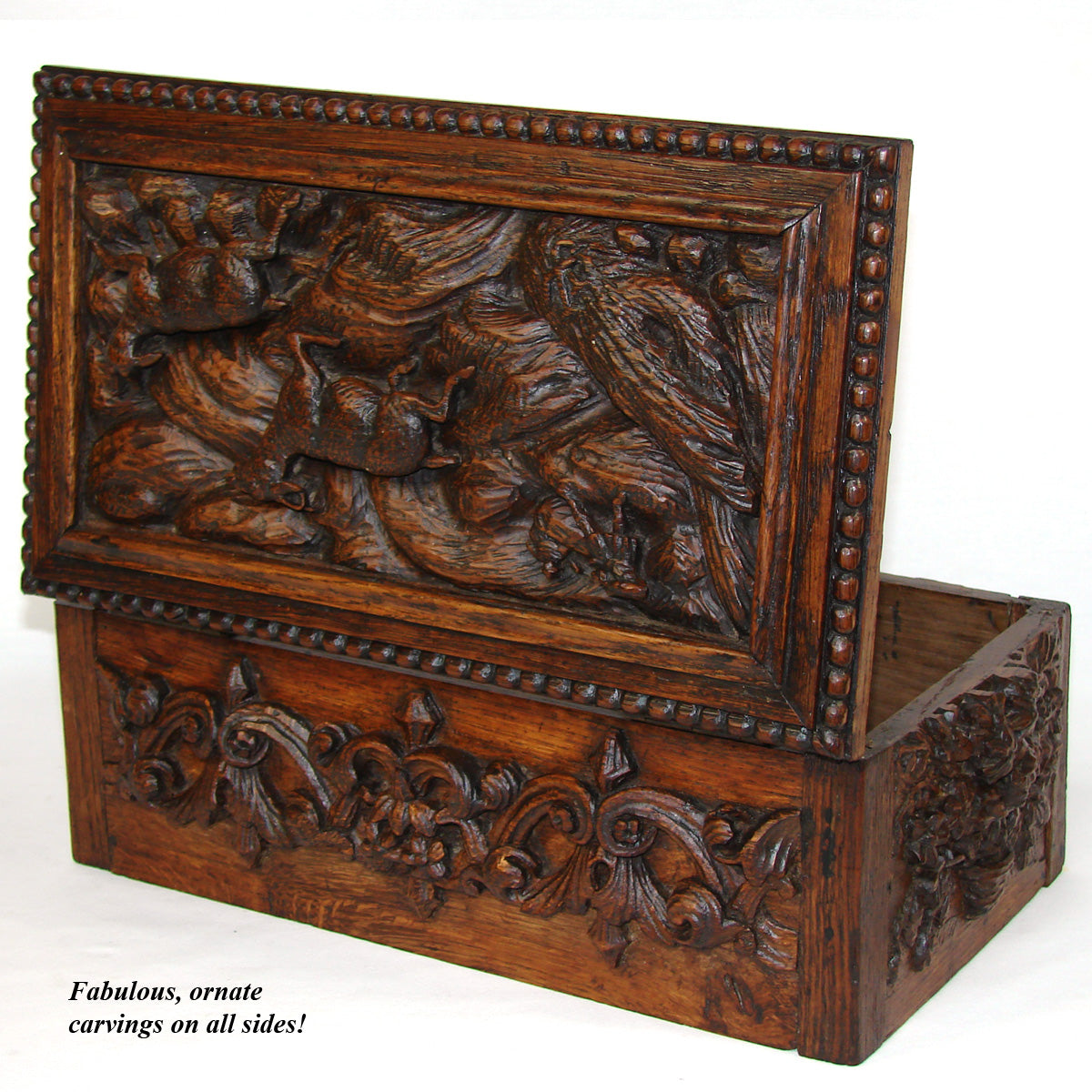 Ornate Antique Victorian Era Hand Carved Oak 13.5" Table or Work Box, Black Forest Style