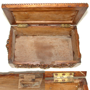 Ornate Antique Victorian Era Hand Carved Oak 13.5" Table or Work Box, Black Forest Style