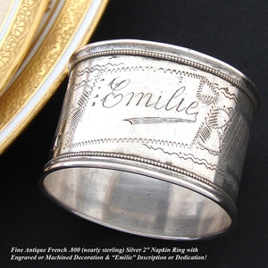 Antique French .800 (nearly sterling) Silver 2" Napkin Ring, "Emilie" Inscription, Engraved