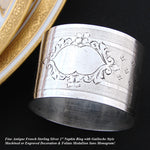 Antique French Sterling Silver 2" Napkin Ring, Guilloche Style Decoration with Foliate Accents