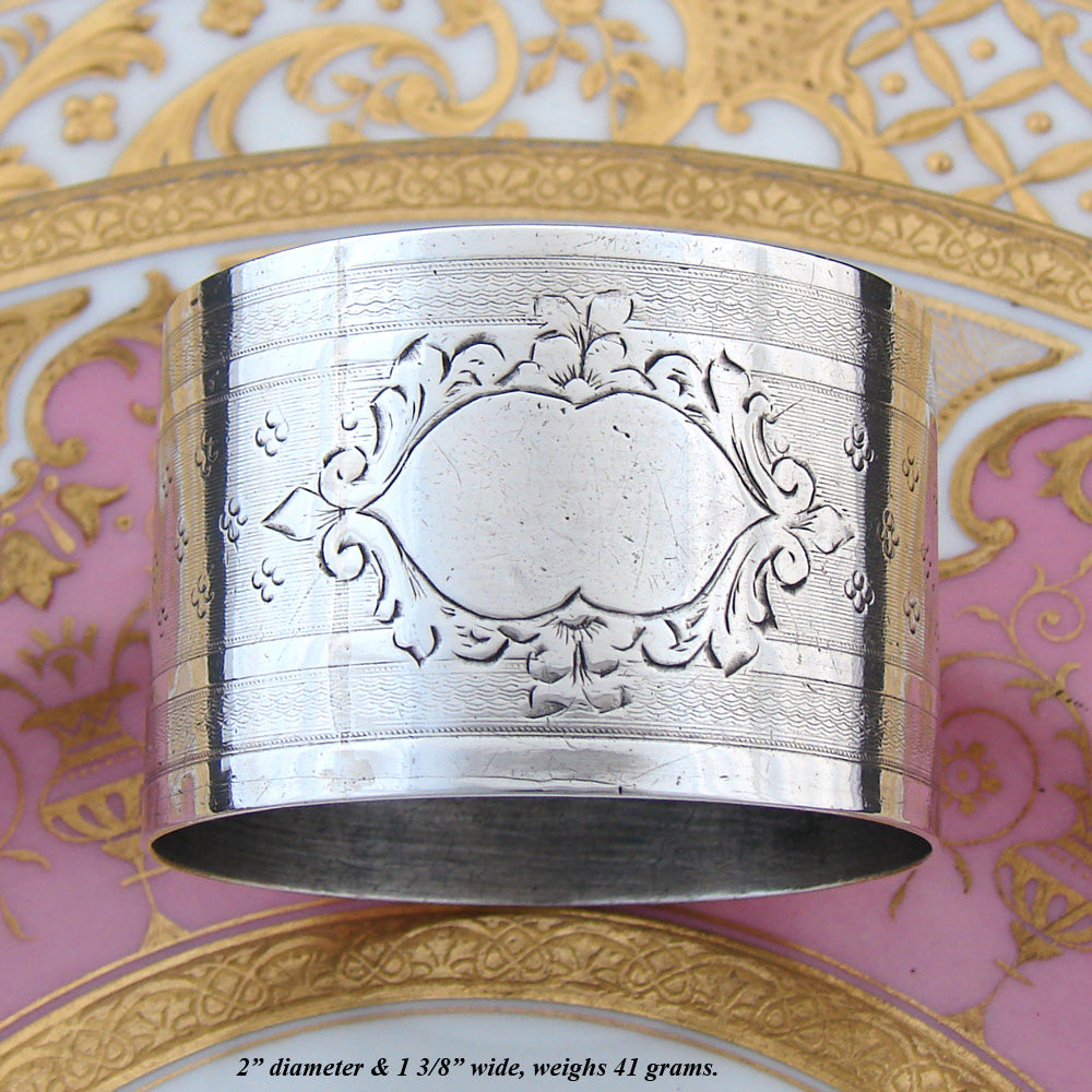 Antique French Sterling Silver 2" Napkin Ring, Guilloche Style Decoration with Foliate Accents