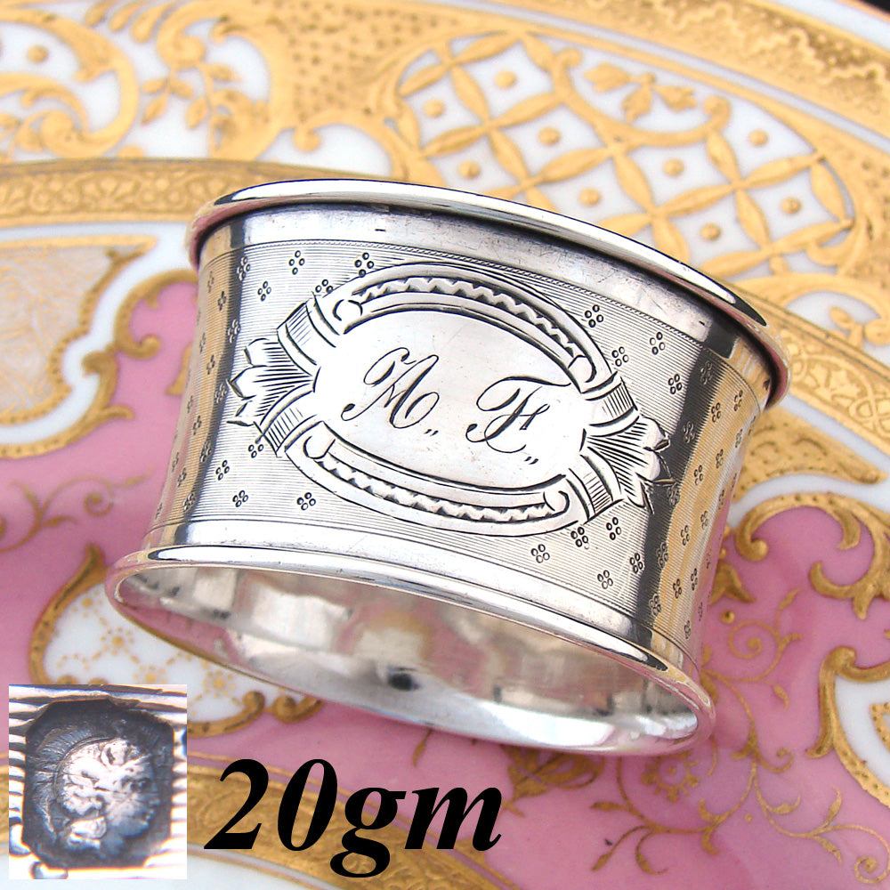 Antique French Sterling Silver 2" Napkin Ring, Convex Shape, Engraved, AF Monogram
