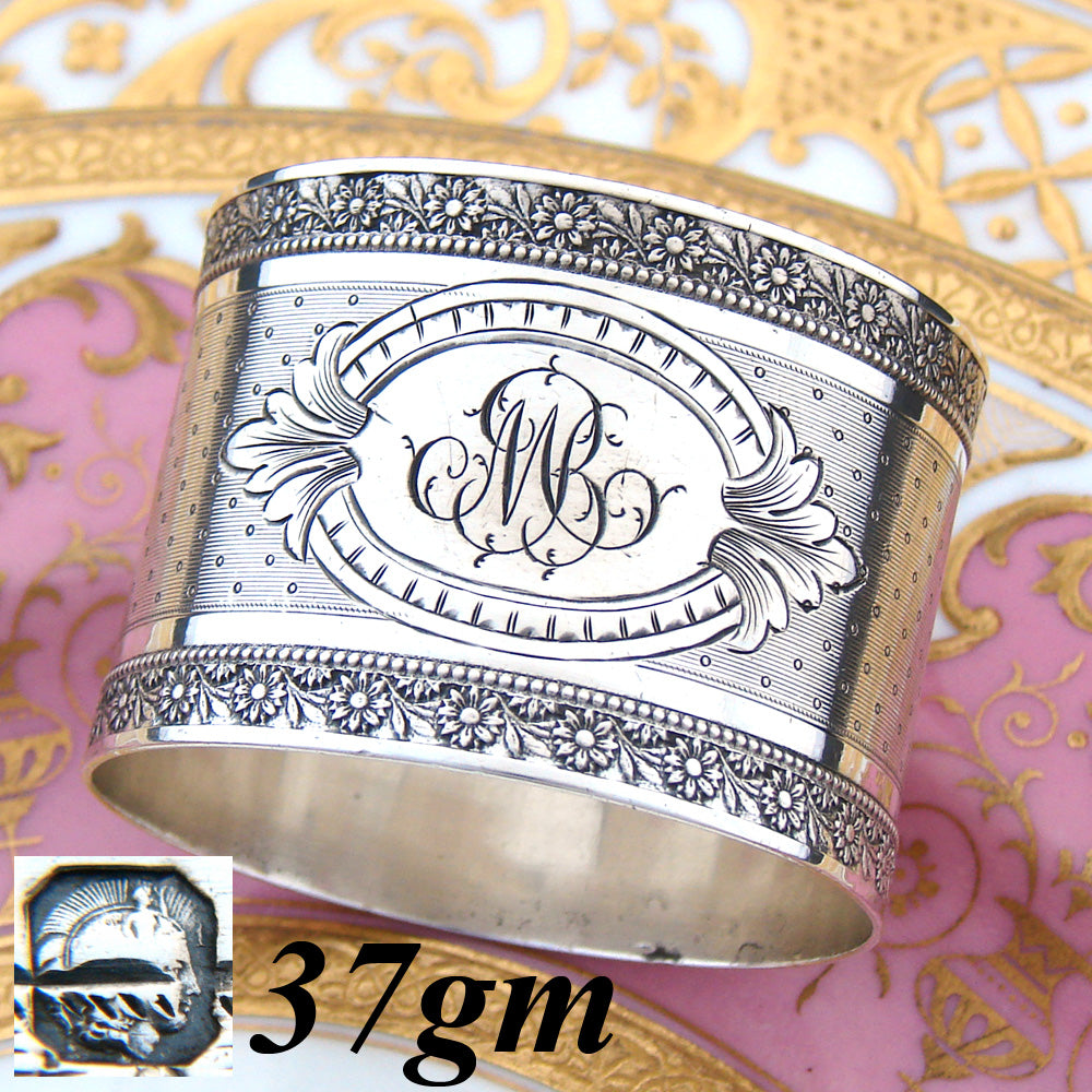 Antique French Sterling Silver 1 7/8” Napkin Ring, Ornate Floral Garland Bands, MB Monogram