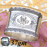 Antique French Sterling Silver 1 7/8” Napkin Ring, Ornate Floral Garland Bands, MB Monogram