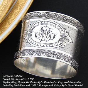 Antique French Sterling Silver 1 7/8” Napkin Ring, Ornate Floral Garland Bands, MB Monogram