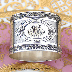 Antique French Sterling Silver 1 7/8” Napkin Ring, Ornate Floral Garland Bands, MB Monogram