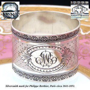 Antique French Sterling Silver 1 7/8” Napkin Ring, Ornate Floral Garland Bands, MB Monogram