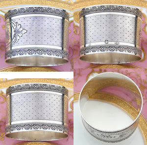 Antique French Sterling Silver 1 7/8” Napkin Ring, Ornate Floral Garland Bands, MB Monogram