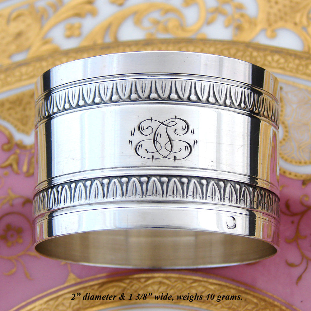 Antique French Sterling Silver 2” Napkin Ring, Ornate Floral Garland Bands, TC Monogram
