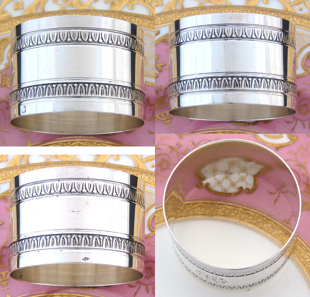 Antique French Sterling Silver 2” Napkin Ring, Ornate Floral Garland Bands, TC Monogram