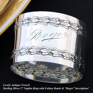Antique French Sterling Silver 2” Napkin Ring, Ornate Floral Garland Bands, “Roger” Inscription