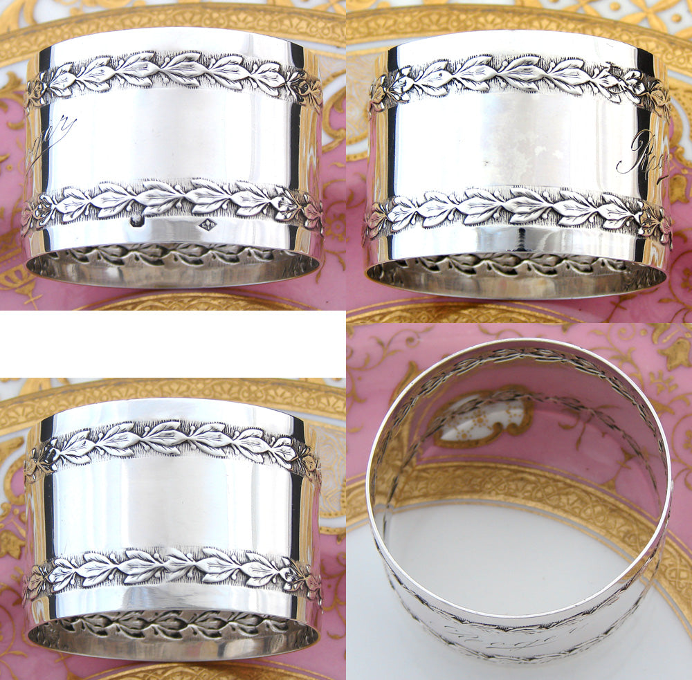 Antique French Sterling Silver 2” Napkin Ring, Ornate Floral Garland Bands, “Roger” Inscription