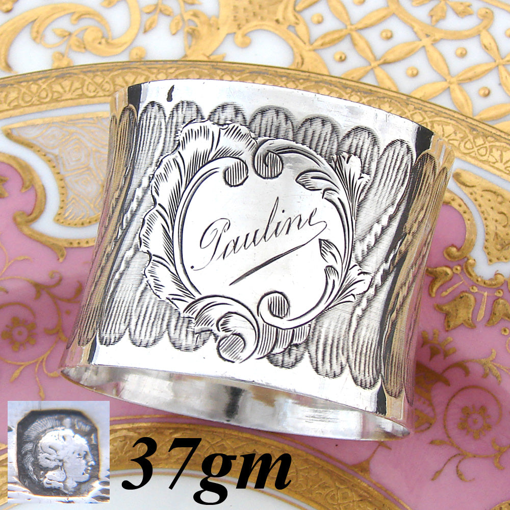 Antique French Sterling Silver 2” Napkin Ring, Ornate Floral Garland Bands, “Pauline" Inscription