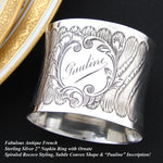 Antique French Sterling Silver 2” Napkin Ring, Ornate Floral Garland Bands, “Pauline" Inscription