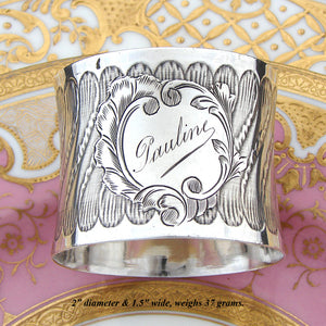 Antique French Sterling Silver 2” Napkin Ring, Ornate Floral Garland Bands, “Pauline" Inscription